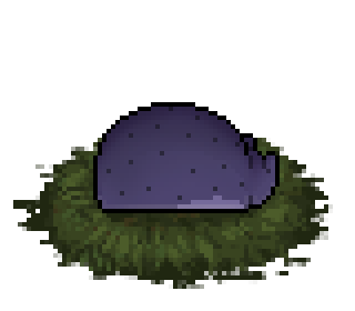 Pixel art of a desaturated purple-blue slugcat curled up. Its paler belly is barely visible.